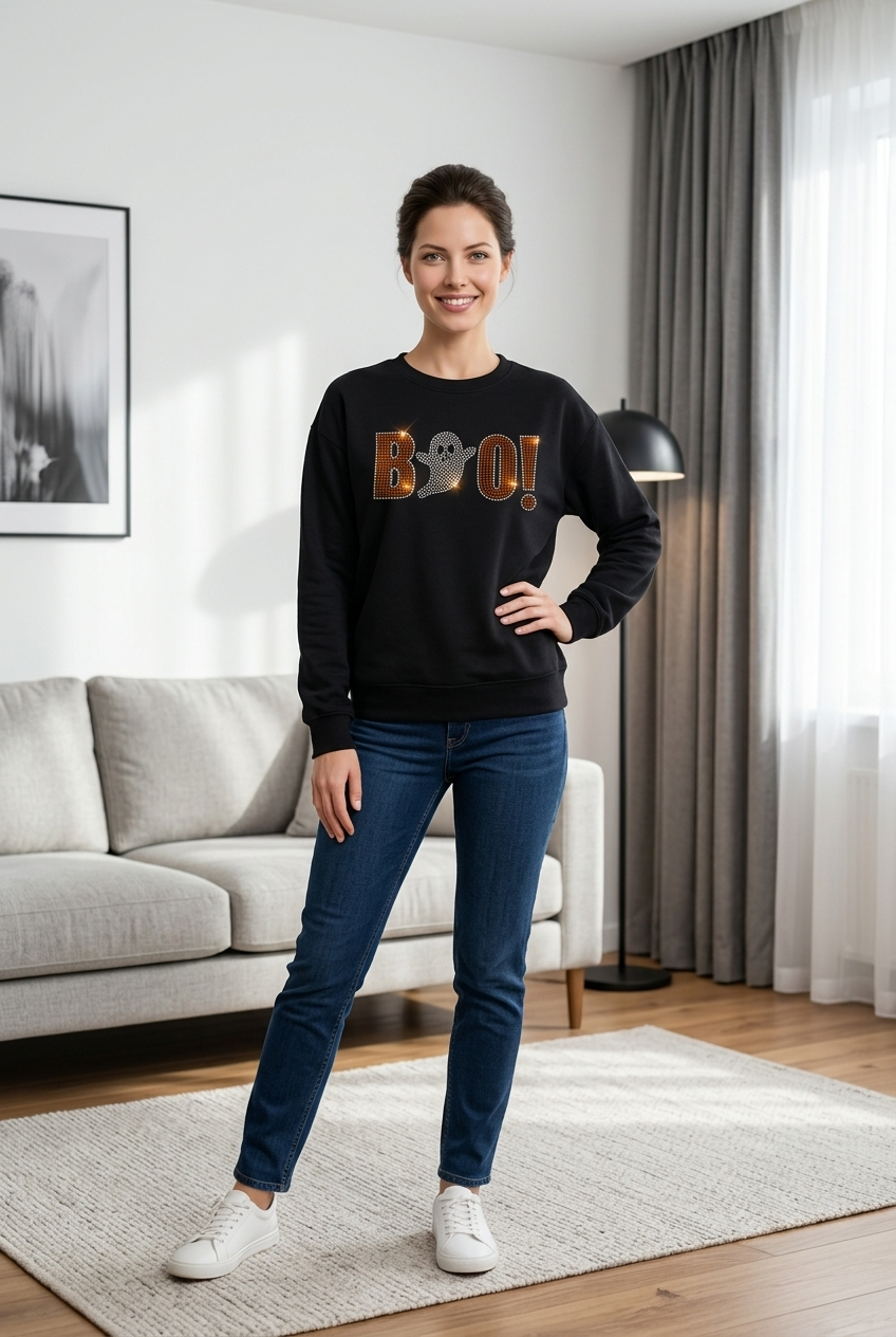 Boo Rhinestone Crewneck Sweatshirt Crafts by Serenity