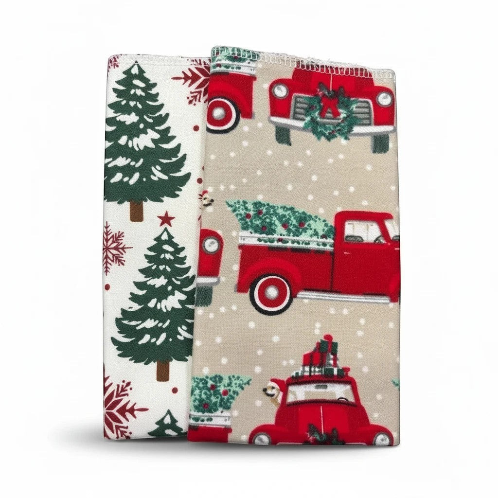 Crafts by Serenity reusable paper towels with festive red truck and Christmas tree holiday patterns.