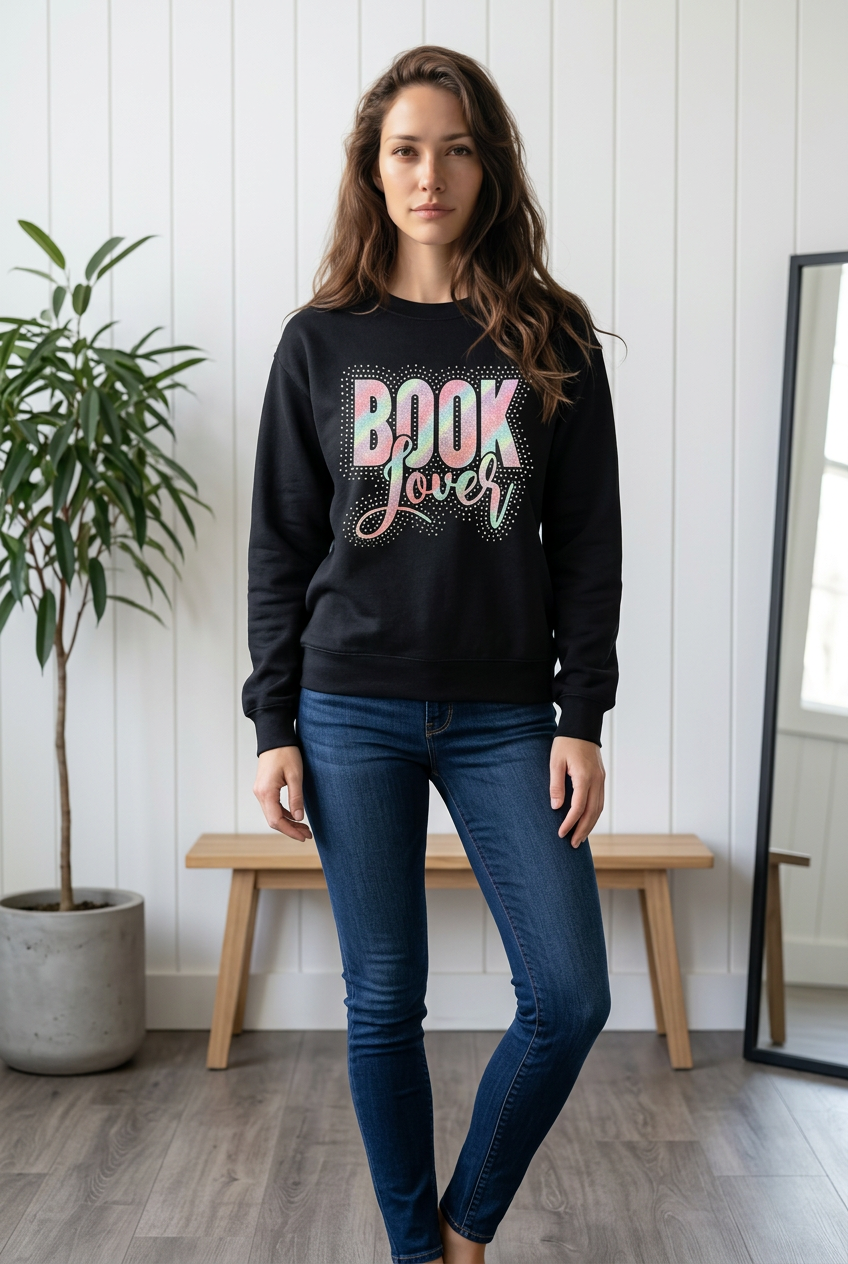 A woman wearing a black crewneck sweatshirt with 'BOOK Lover' printed on the front in pink, white, and teal glitter-style lettering, paired with dark blue skinny jeans, standing in a bright room with a wooden bench and potted plant.