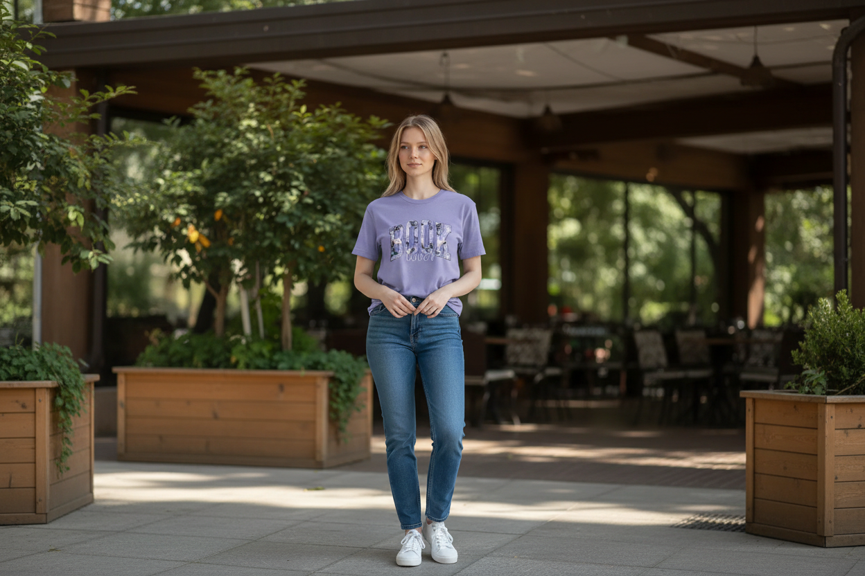  A woman standing outdoors on a patio wearing a lavender crew-neck t-shirt. The shirt features the words "BOOK lover" where the word "BOOK" is filled with a black and white floral pattern. She is paired with slim-fit blue jeans and white sneakers.