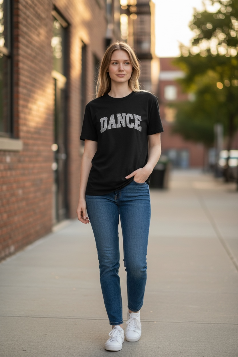 Woman wearing a black 'DANCE' t-shirt on a sidewalk.