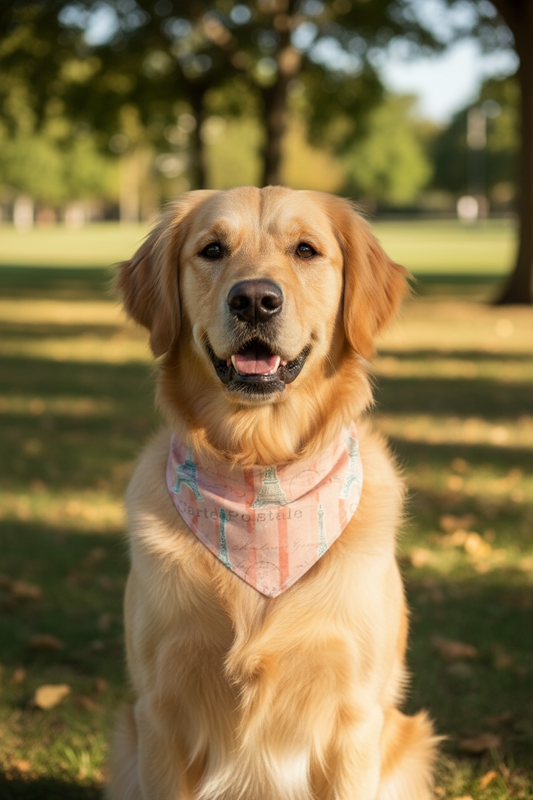 Golden retriever wearing a striped bandana in a park setting