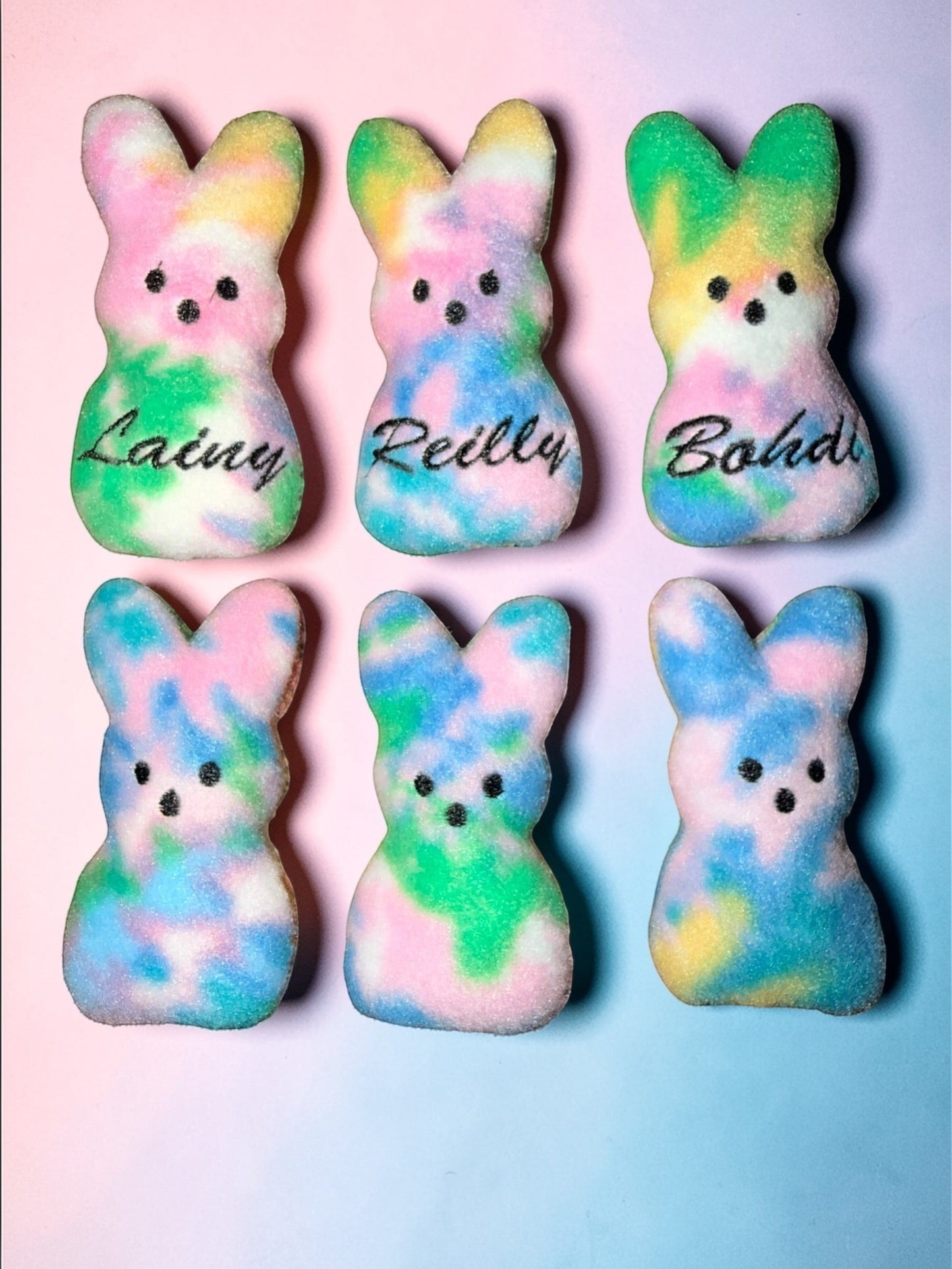 Crafts by Serenity personalized plush tie-dye bunny keepsakes with custom names, perfect for Easter gifts.