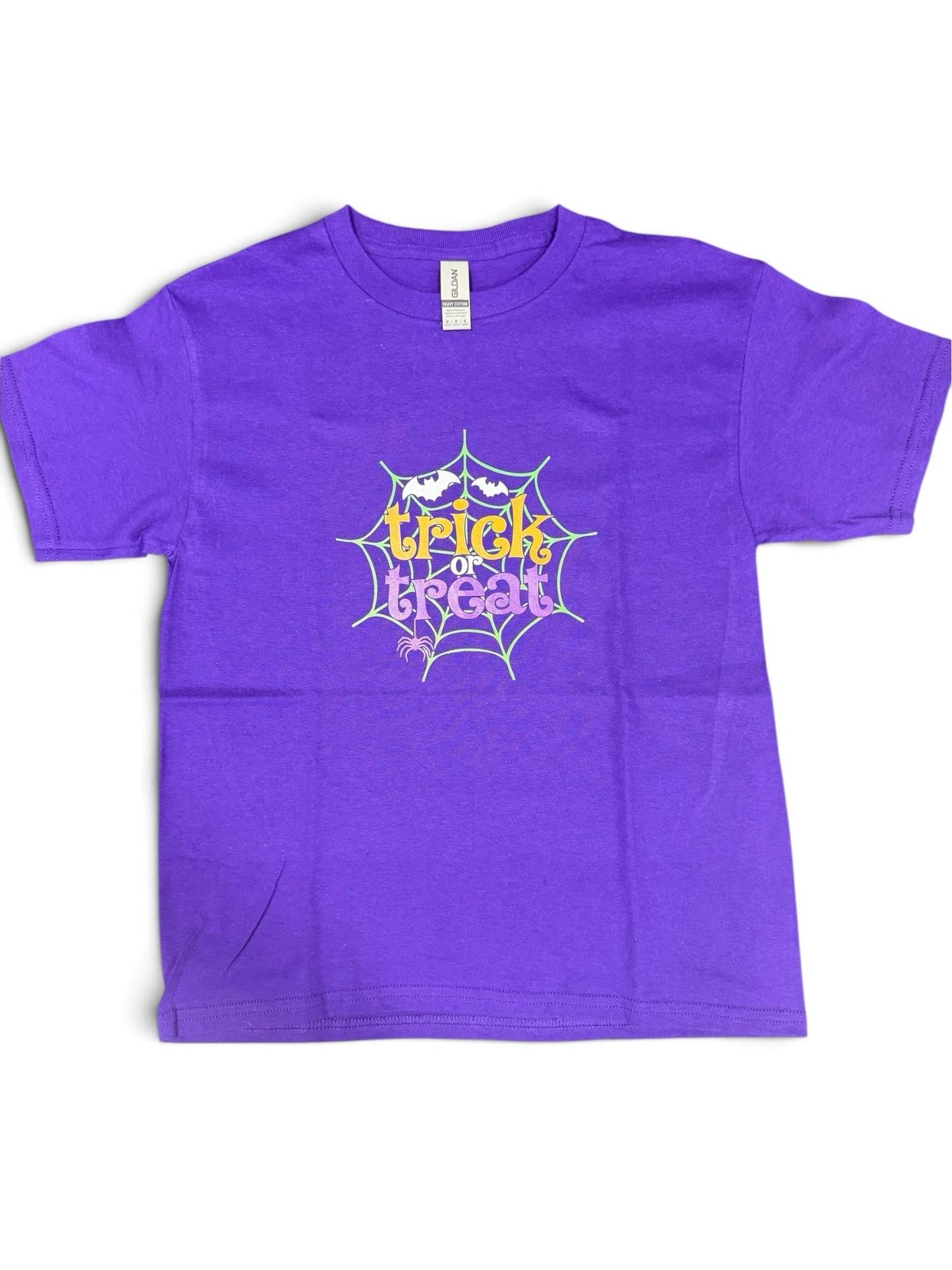 Crafts by Serenity purple cotton t-shirt featuring a Trick or Treat spiderweb graphic with bats and a spider