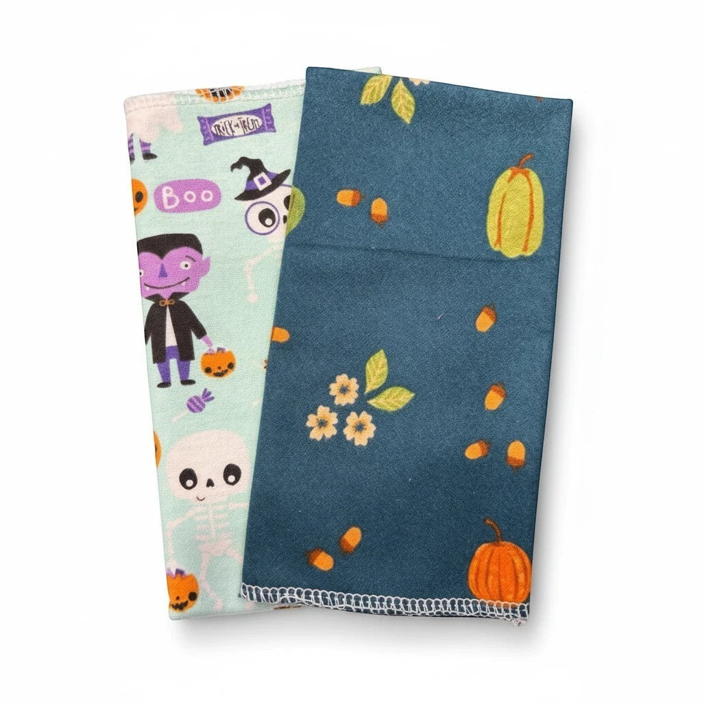 Crafts by Serenity reusable paper towels with festive Halloween pumpkin, skeleton, and acorn patterns.