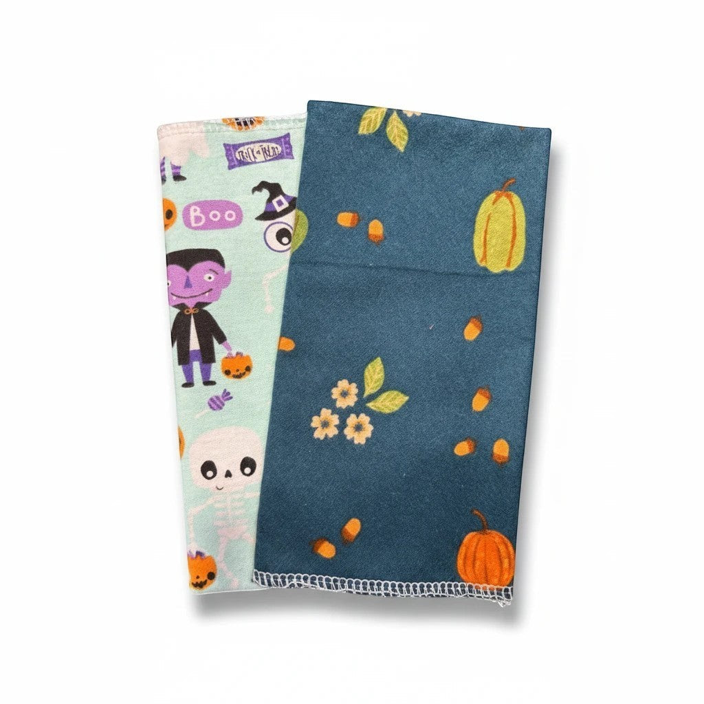 Crafts by Serenity reusable paper towels with festive Halloween pumpkin, skeleton, and vampire patterns.