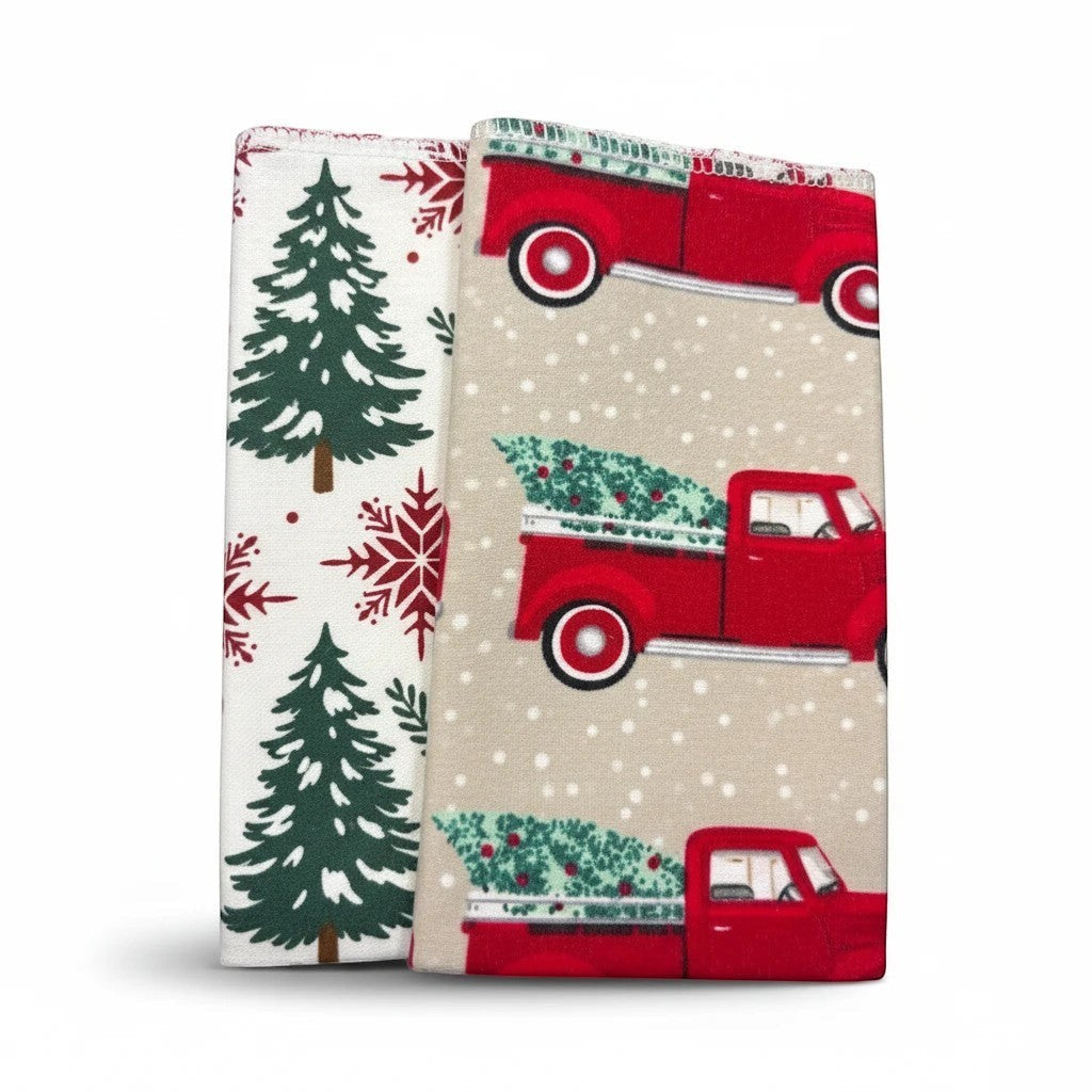 Crafts by Serenity reusable paper towels with festive red truck and Christmas tree holiday patterns.