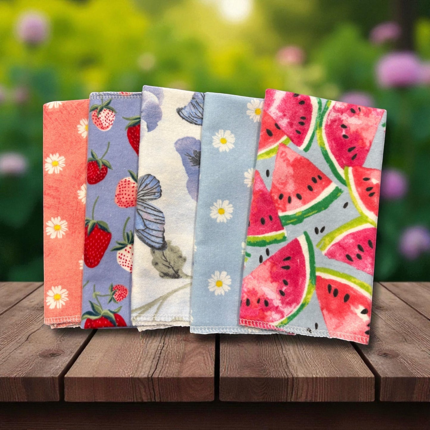 Crafts by Serenity mystery bundle of 12 eco-friendly reusable paper towels featuring assorted colorful fruit patterns.