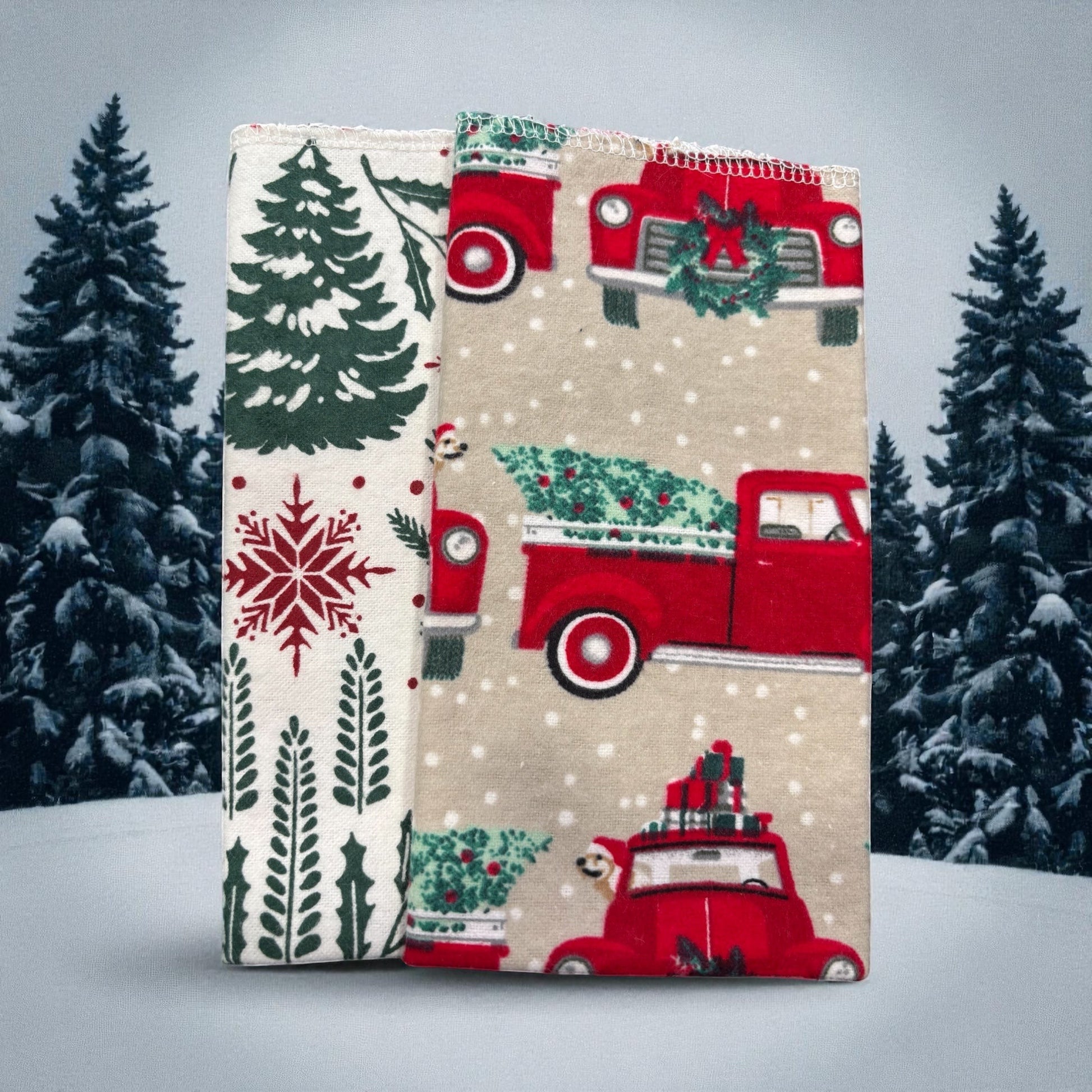 Crafts by Serenity mystery bundle of 12 reusable paper towels featuring festive holiday truck and winter tree patterns.